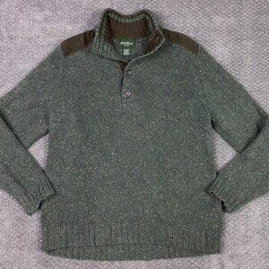 Eddie Bauer Sweater Men's Medium Green Speckled Shoulder Patches Wool Cotton